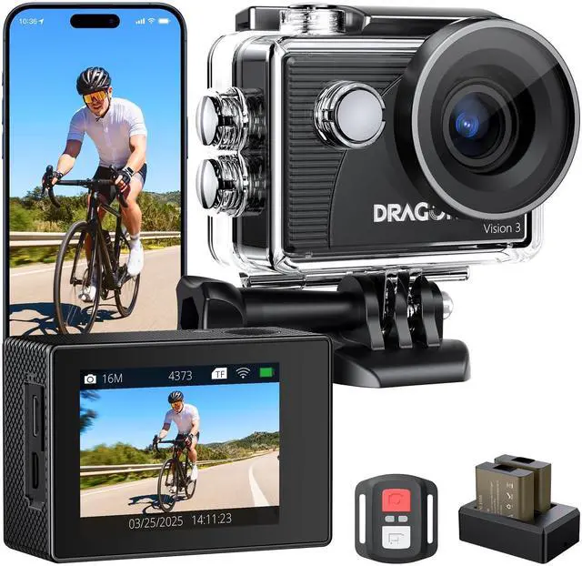 Main image of 4K Action Camera - Vision 3 20MP Underwater Waterproof Camera with 4X Zoom 170° Wide Angle WiFi Sports Cam with Remote 2 Batteries and Mounting Accessories Kit