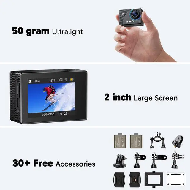 Alt view image 7 of 7 - 4K Action Camera - Vision 3 20MP Underwater Waterproof Camera with 4X Zoom 170° Wide Angle WiFi Sports Cam with Remote 2 Batteries and Mounting Accessories Kit