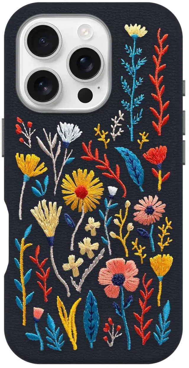 Main image of iPhone 16 Pro Symmetry Series Cactus Leather Embroidery for MagSafe - Enchanted Garden Blue - Textured, Embroidered Floral Artistic iPhone Case, MagSafe Compatible Embroidered iPhone Case