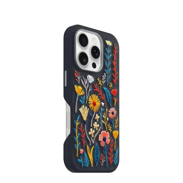Alt view image 4 of 6 - iPhone 16 Pro Symmetry Series Cactus Leather Embroidery for MagSafe - Enchanted Garden Blue - Textured, Embroidered Floral Artistic iPhone Case, MagSafe Compatible Embroidered iPhone Case