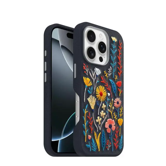 Alt view image 3 of 6 - iPhone 16 Pro Symmetry Series Cactus Leather Embroidery for MagSafe - Enchanted Garden Blue - Textured, Embroidered Floral Artistic iPhone Case, MagSafe Compatible Embroidered iPhone Case