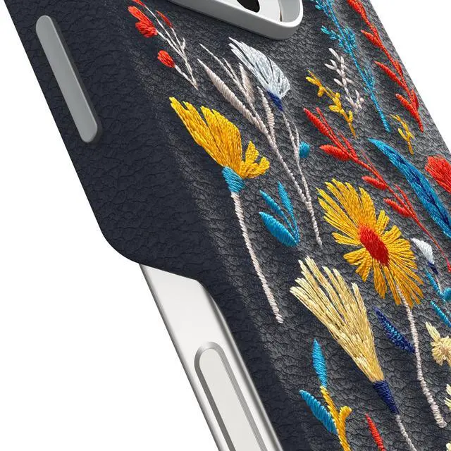 Alt view image 6 of 6 - iPhone 16 Pro Symmetry Series Cactus Leather Embroidery for MagSafe - Enchanted Garden Blue - Textured, Embroidered Floral Artistic iPhone Case, MagSafe Compatible Embroidered iPhone Case