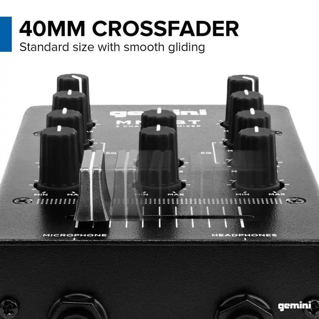 Alt view image 3 of 7 - Portable Bluetooth DJ Mixer 2-Channel Mini Audio Mixer with Wireless Input, RCA, Mic & Headphone Jacks, EQ & Crossfader Compact DJ Mixer Board for Beginners & Mobile DJs (MM1BT)