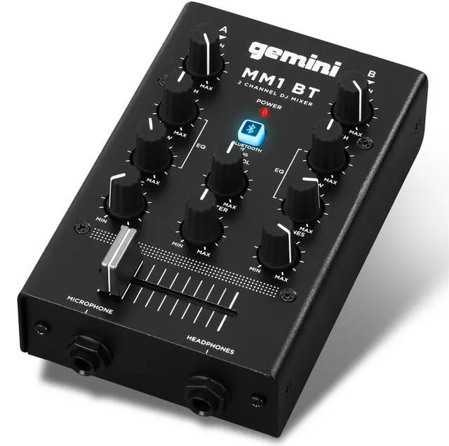 Main image of Portable Bluetooth DJ Mixer 2-Channel Mini Audio Mixer with Wireless Input, RCA, Mic & Headphone Jacks, EQ & Crossfader Compact DJ Mixer Board for Beginners & Mobile DJs (MM1BT)