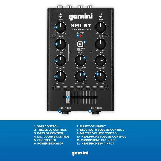 Alt view image 2 of 7 - Portable Bluetooth DJ Mixer 2-Channel Mini Audio Mixer with Wireless Input, RCA, Mic & Headphone Jacks, EQ & Crossfader Compact DJ Mixer Board for Beginners & Mobile DJs (MM1BT)