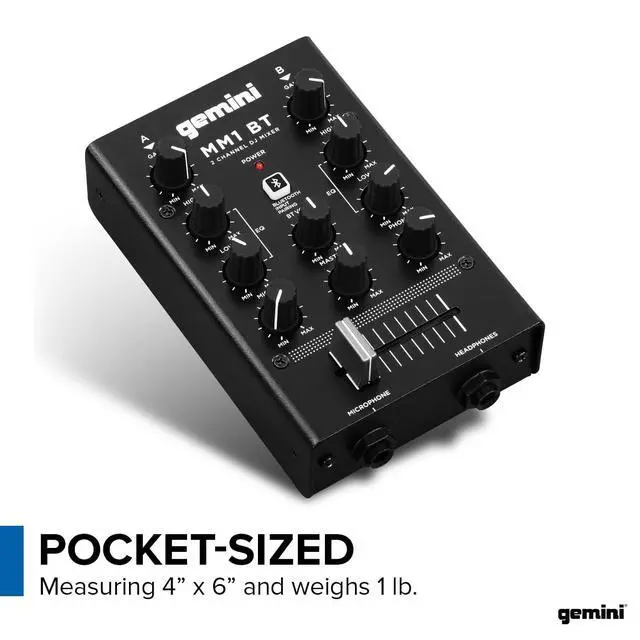 Alt view image 7 of 7 - Portable Bluetooth DJ Mixer 2-Channel Mini Audio Mixer with Wireless Input, RCA, Mic & Headphone Jacks, EQ & Crossfader Compact DJ Mixer Board for Beginners & Mobile DJs (MM1BT)