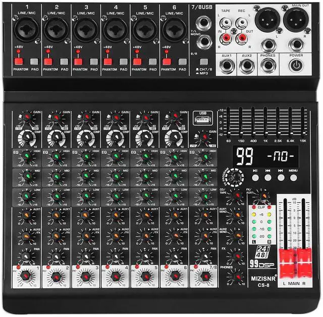 Main image of Audio Mixer 8 Channel Sound Mixer Console, Professional Music Mixing Board DJ Mixer w/ 99 DSP, 7-band EQ, USB, Bluetooth, 48V Phantom Power & PAD Function for Recording PA Live Streaming