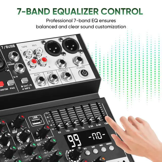 Alt view image 3 of 7 - Audio Mixer 8 Channel Sound Mixer Console, Professional Music Mixing Board DJ Mixer w/ 99 DSP, 7-band EQ, USB, Bluetooth, 48V Phantom Power & PAD Function for Recording PA Live Streaming