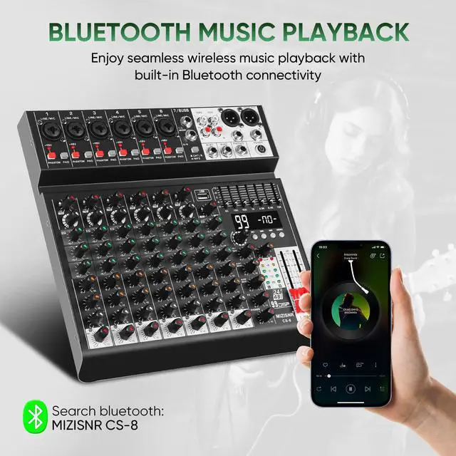 Alt view image 5 of 7 - Audio Mixer 8 Channel Sound Mixer Console, Professional Music Mixing Board DJ Mixer w/ 99 DSP, 7-band EQ, USB, Bluetooth, 48V Phantom Power & PAD Function for Recording PA Live Streaming