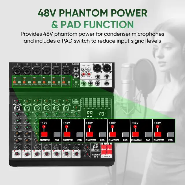 Alt view image 6 of 7 - Audio Mixer 8 Channel Sound Mixer Console, Professional Music Mixing Board DJ Mixer w/ 99 DSP, 7-band EQ, USB, Bluetooth, 48V Phantom Power & PAD Function for Recording PA Live Streaming