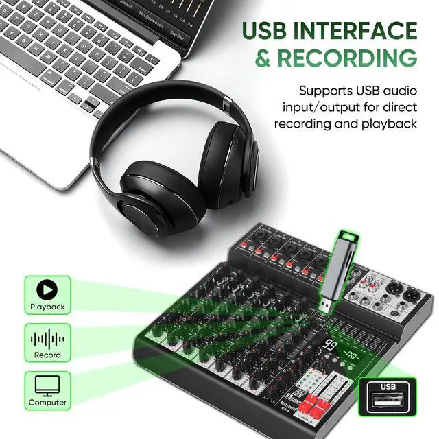 Alt view image 4 of 7 - Audio Mixer 8 Channel Sound Mixer Console, Professional Music Mixing Board DJ Mixer w/ 99 DSP, 7-band EQ, USB, Bluetooth, 48V Phantom Power & PAD Function for Recording PA Live Streaming