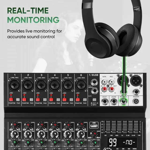Alt view image 7 of 7 - Audio Mixer 8 Channel Sound Mixer Console, Professional Music Mixing Board DJ Mixer w/ 99 DSP, 7-band EQ, USB, Bluetooth, 48V Phantom Power & PAD Function for Recording PA Live Streaming