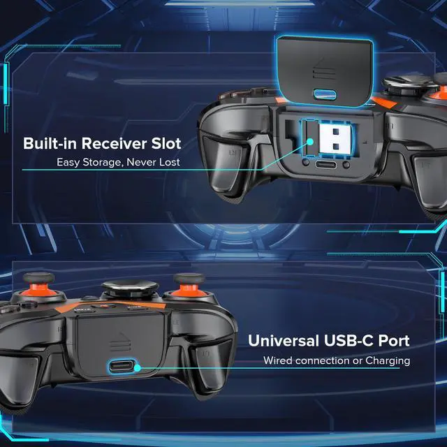 Alt view image 3 of 7 - Wireless Gaming Controller for PC: Wired & 2.4G & Bluetooth Controller with 6-Axis Motion, 2-Motor Stereo Vibration, Turbo, Ergonomic Pro Controller, Compatible with PC/NS/Android (No Xbox/PS, Black)