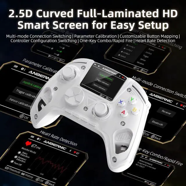 Alt view image 2 of 7 - RG G01 Wireless Gaming Controller with Heart Rate Monitor & Display, Hall Effect Triggers, Programmable Back Buttons for PC, Switch, Steam, Android, iOS - 2.4G/Bluetooth/Wired White