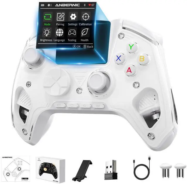 Main image of RG G01 Wireless Gaming Controller with Heart Rate Monitor & Display, Hall Effect Triggers, Programmable Back Buttons for PC, Switch, Steam, Android, iOS - 2.4G/Bluetooth/Wired White