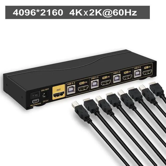 Alt view image 2 of 6 - KVM Switch HDMI 4 Port wit Audio and 4 kit Cables, 4 Port HDMI KVM Switch Support 4K@60Hz 4:4:4, EDID, Hotkey Switching