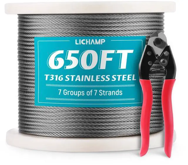 Main image of 650FT 1/8" Stainless Steel Wire Rope Cable, Aircraft 316 SS Braided Steel Wire Thin Metal Cable Hardware for Deck Railing Handrail Safety System, SSC650