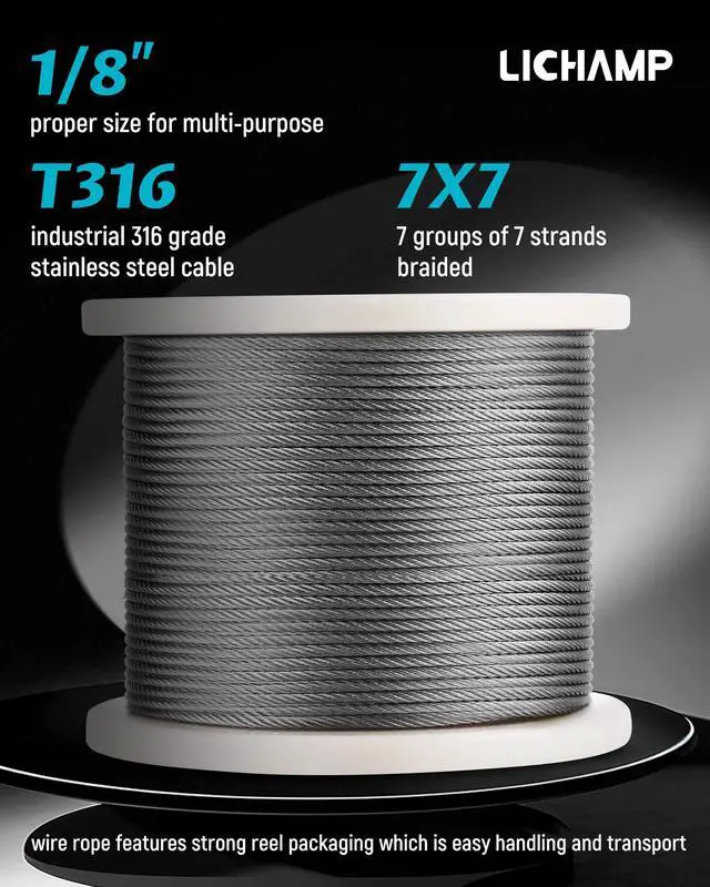 Alt view image 2 of 7 - 650FT 1/8" Stainless Steel Wire Rope Cable, Aircraft 316 SS Braided Steel Wire Thin Metal Cable Hardware for Deck Railing Handrail Safety System, SSC650