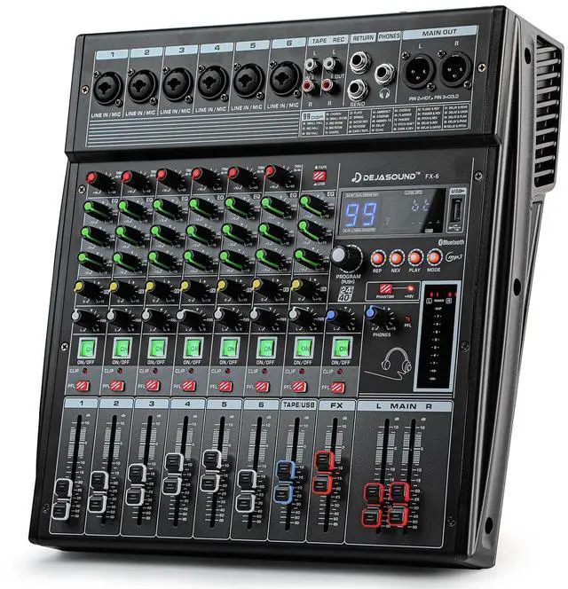 Main image of 6-Channel Professional Audio Mixer, FX-6usb Mixing Console with XLR Inputs, Bluetooth, 99 DSP Effects, MP3, USB Interface for Podcast, Music, Recording, PC 13.39"x3.54"x12.60"inches