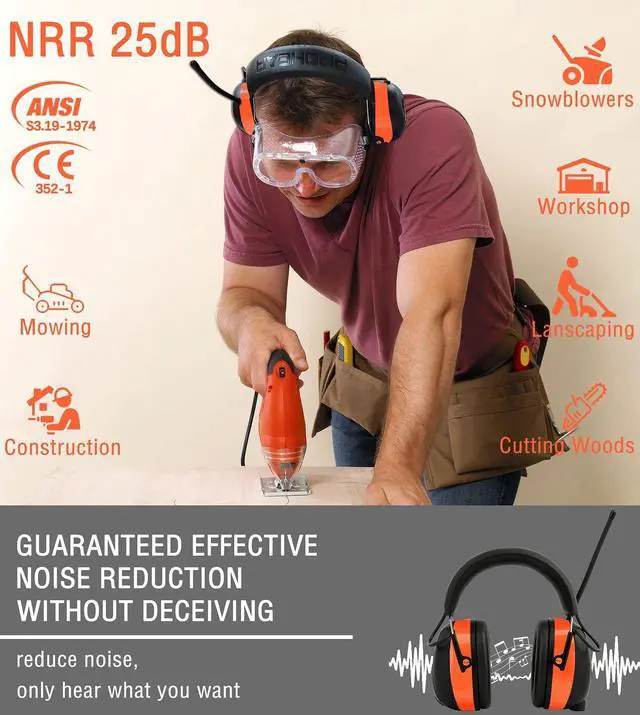 Alt view image 5 of 7 - 033 2.0 Upgraded Bluetooth Hearing Protection AM FM Radio Headphones - 31SNR Noise Reduction Ear Muffs with Long-Lasting Stable Rechargeable Battery - 50 Hrs for Mowing Snowblowing - Orange