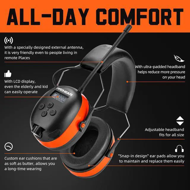 Alt view image 4 of 7 - 033 2.0 Upgraded Bluetooth Hearing Protection AM FM Radio Headphones - 31SNR Noise Reduction Ear Muffs with Long-Lasting Stable Rechargeable Battery - 50 Hrs for Mowing Snowblowing - Orange