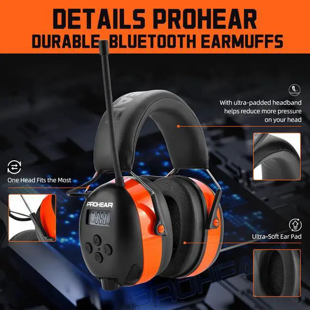Alt view image 7 of 7 - 033 2.0 Upgraded Bluetooth Hearing Protection AM FM Radio Headphones - 31SNR Noise Reduction Ear Muffs with Long-Lasting Stable Rechargeable Battery - 50 Hrs for Mowing Snowblowing - Orange