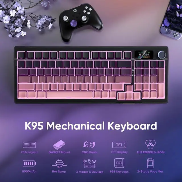 Alt view image 2 of 7 - K95 Wireless Mechanical Keyboard,TFT Screen & Knob, Trip-Modes Connection, Gasket Custom Hot-Swap Keyboard, RGB Backlit, Pre-lubed Linear Switches, Side Printed PBT Keycaps, Gradient Pink