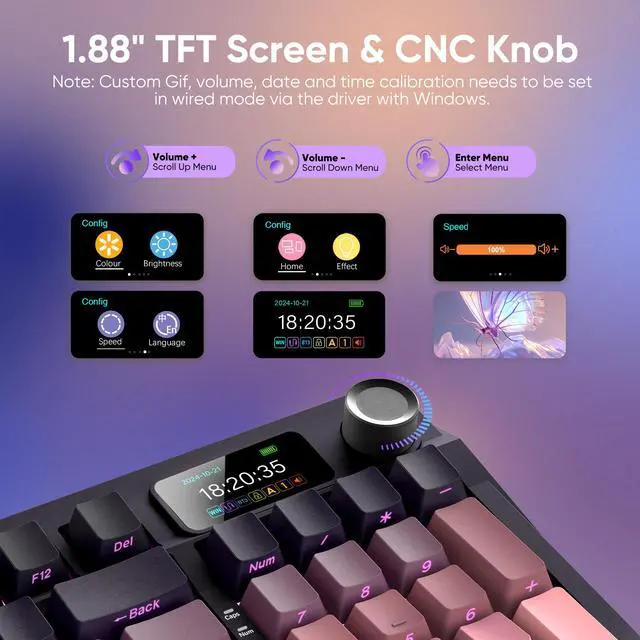 Alt view image 3 of 7 - K95 Wireless Mechanical Keyboard,TFT Screen & Knob, Trip-Modes Connection, Gasket Custom Hot-Swap Keyboard, RGB Backlit, Pre-lubed Linear Switches, Side Printed PBT Keycaps, Gradient Pink