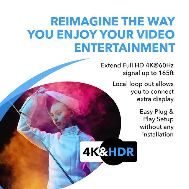 Alt view image 7 of 7 - HDMI Extender Over Cat6 165ft - 4K@60Hz with IR, Loop Out, EDID, PoC