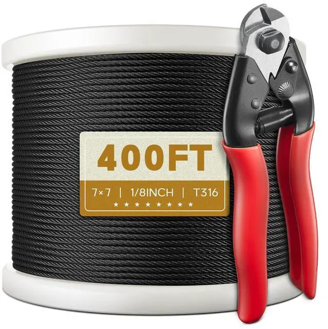 Main image of 400FT 1/8" T316 Black Stainless Steel Cable, Black Wire Rope Aircraft Cable for Deck Cable Railing Kit, DIY Balustrades, 7x7 Strands Construction, Comes with a Cutter