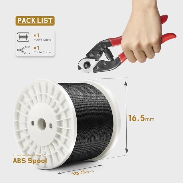 Alt view image 2 of 7 - 400FT 1/8" T316 Black Stainless Steel Cable, Black Wire Rope Aircraft Cable for Deck Cable Railing Kit, DIY Balustrades, 7x7 Strands Construction, Comes with a Cutter