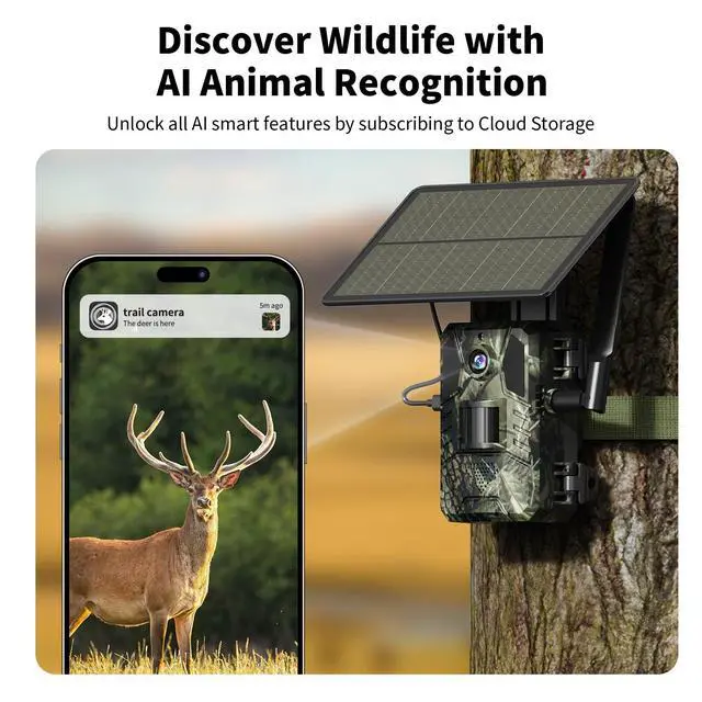 Alt view image 2 of 7 - Trail Camera, AI Animal Detection Cellular Trail Cameras, Live Streaming Game Camera Built-in 4G LTE SIM Card with Unlimited Data Plan, Motion Activated 0.2s Trigger Trail Cam IP66 Waterproof