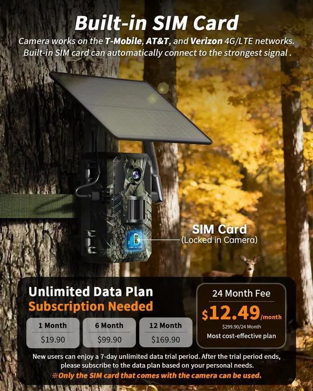 Alt view image 2 of 7 - Trail Camera, Cellular Trail Camera with AI Animal Detection, Game Camera Built-in SIM Card 4G Unlimited Data Plan 2K Live View Game Cameras with Night Vision Motion Activated Waterproof IP66