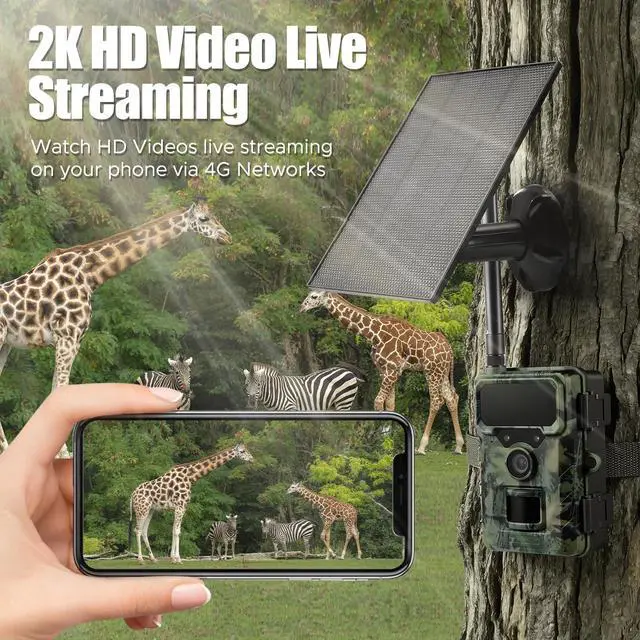Alt view image 3 of 7 - Cellular Trail Camera Solar, 4G LTE Game Cameras 64MP 2K HD Live Streaming,Night Vision Outdoor Camera,Rechargeable Wildlife Camera Deer Cams for Backyard