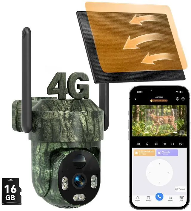 Main image of 4G LTE Cellular Trail Camera, 360° PTZ Solar Game Camera Built in SIM & 16GB microSD Card, 2K Live View, Auto Tracking, Motion Detection, Color Night Vision, 2-Way Audio, WiFi Not Supported