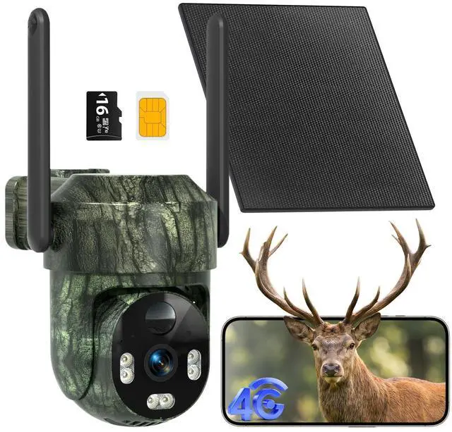 Main image of 4G LTE Cellular Solar Trail Camera No WiFi,4MP PTZ Game Cam,Color Night Vision/2-Way Audio/Auto Tracking/PIR Motion Alert,IP66 Waterproof Preinstalled SIM & 16GB TF Card for Farm Hunting
