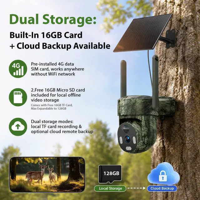 Alt view image 7 of 7 - 4G LTE Cellular Solar Trail Camera No WiFi,4MP PTZ Game Cam,Color Night Vision/2-Way Audio/Auto Tracking/PIR Motion Alert,IP66 Waterproof Preinstalled SIM & 16GB TF Card for Farm Hunting