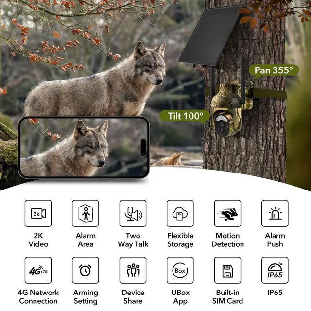 Alt view image 2 of 7 - 4G LTE Cellular Trail Camera 2K 360° View Live Streaming Game Camera Built-in SIM Card with Motion Activated Color Night Vision Remote Phone Access Solar Powered Trail Camera IP65 Waterproof