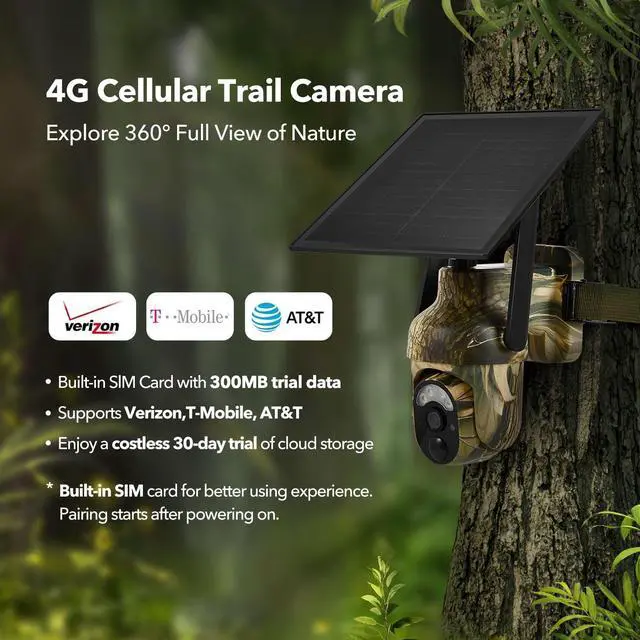 Alt view image 4 of 7 - 4G LTE Cellular Trail Camera 2K 360° View Live Streaming Game Camera Built-in SIM Card with Motion Activated Color Night Vision Remote Phone Access Solar Powered Trail Camera IP65 Waterproof