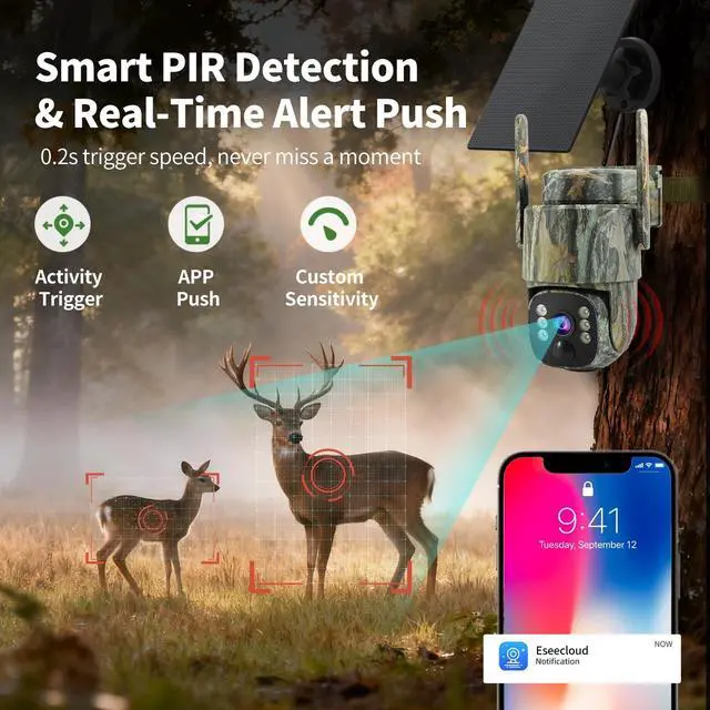 Alt view image 5 of 7 - 4G LTE Cellular Trail Camera 2 Pack, Built-in SIM Card No WiFi Needed, Solar Powered Game Camera, 2K Live Streaming, 360° PTZ View, Color Night Vision, PIR Motion Alerts, Two-Way Audio, IP66