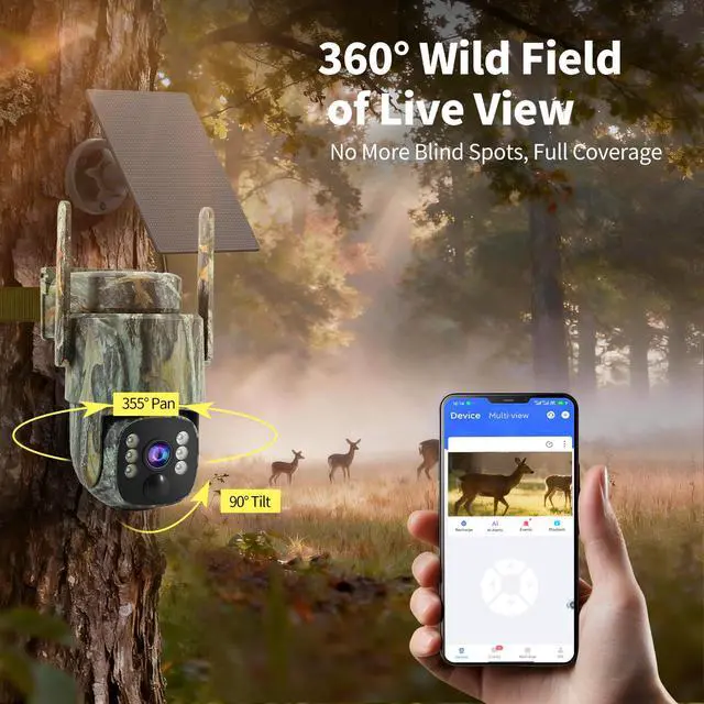 Alt view image 4 of 7 - 4G LTE Cellular Trail Camera 2 Pack, Built-in SIM Card No WiFi Needed, Solar Powered Game Camera, 2K Live Streaming, 360° PTZ View, Color Night Vision, PIR Motion Alerts, Two-Way Audio, IP66