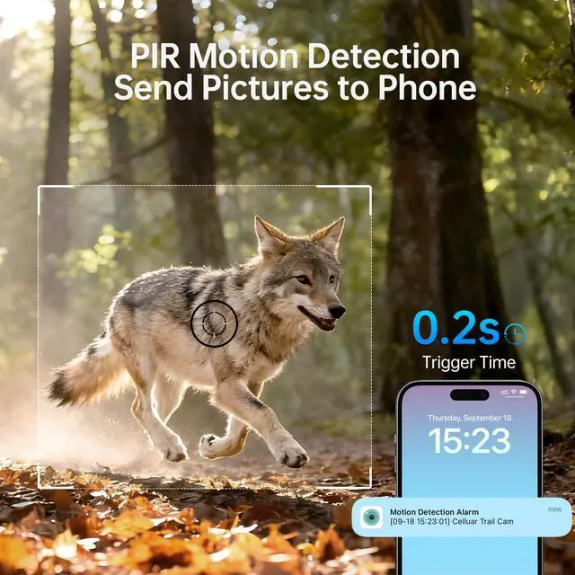 Alt view image 4 of 7 - 2K Cellular Trail Camera, 4G LTE Solar Wildlife Camera No WiFi Needed, 0.2s Trigger, No-Glow Night Vision, Pre-Installed IoT SIM & 32GB SD Card for Farm and Remote Property