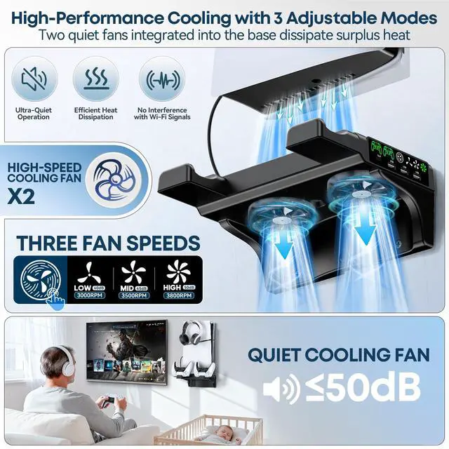 Alt view image 3 of 7 - P5/Slim/Pro Wall Mount Kit with Cooling Fan & Charging Station, P5 Shelf Floating Mount for PA 5/Slim/Pro Disc & Digital Console, PA 5 Wall Bracket Behind TV, PS Five Accessories, Black