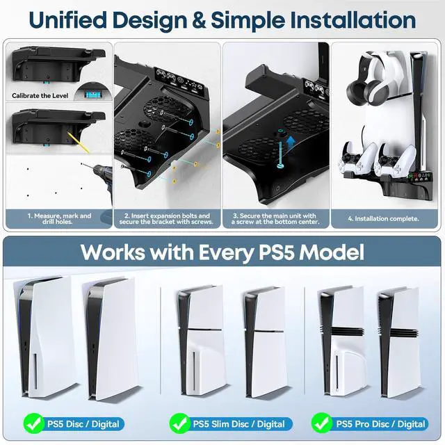 Alt view image 2 of 7 - P5/Slim/Pro Wall Mount Kit with Cooling Fan & Charging Station, P5 Shelf Floating Mount for PA 5/Slim/Pro Disc & Digital Console, PA 5 Wall Bracket Behind TV, PS Five Accessories, Black
