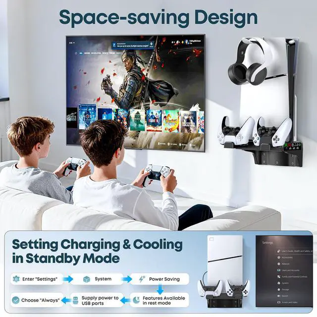 Alt view image 6 of 7 - P5/Slim/Pro Wall Mount Kit with Cooling Fan & Charging Station, P5 Shelf Floating Mount for PA 5/Slim/Pro Disc & Digital Console, PA 5 Wall Bracket Behind TV, PS Five Accessories, Black