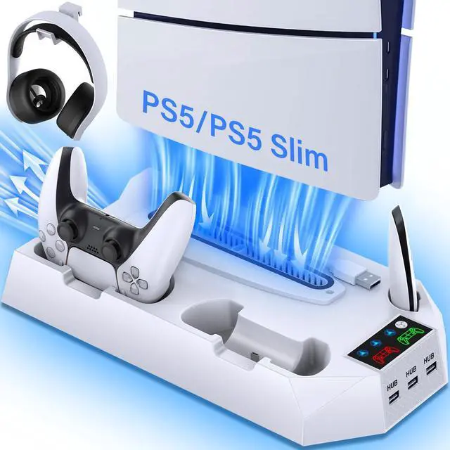 Main image of PS5 Slim Stand and Cooling Station with Controller Charging Station for Playsation 5 Slim&Standard Disc/Digital Console, PS5 Accessories Incl. Controller Charger/Turbo Fan/3 USB Hub/Headset Holder