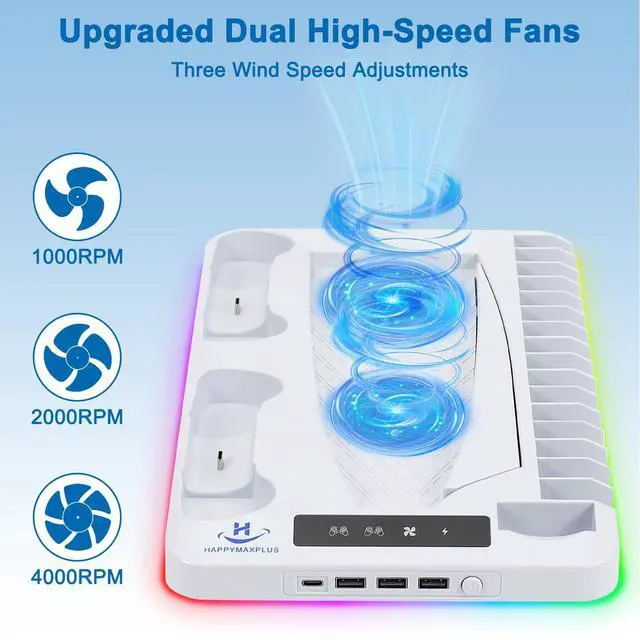 Alt view image 2 of 7 - PS5 Cooling Station with Dual Controller Charger, Headset Holder, 3 USB & USB-C Hub, Vertical Stand for PlayStation 5 / Slim (White)
