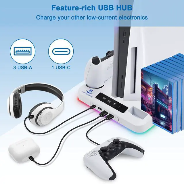 Alt view image 4 of 7 - PS5 Cooling Station with Dual Controller Charger, Headset Holder, 3 USB & USB-C Hub, Vertical Stand for PlayStation 5 / Slim (White)