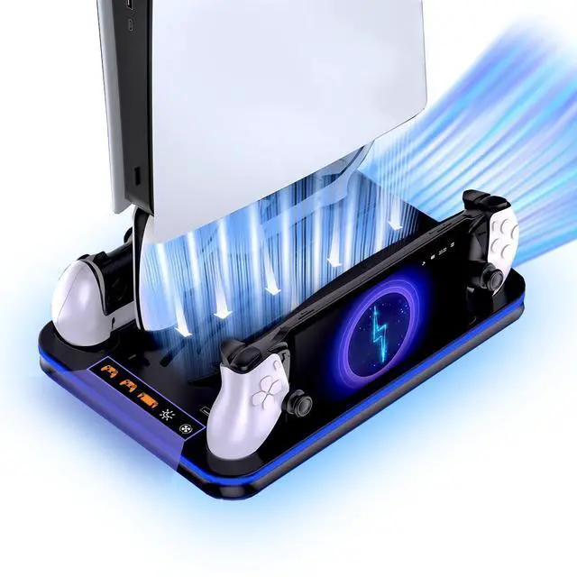 Main image of PS5/PS5 Slim/PS5 Pro RGB Cooling Station with PlayStation Portal Charging Dock, Supports DualSense Edge Controller Charging, Vertical Stand with Cooling Fan & Game Storage Organizer (