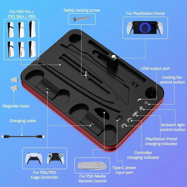Alt view image 7 of 7 - PS5/PS5 Slim/PS5 Pro RGB Cooling Station with PlayStation Portal Charging Dock, Supports DualSense Edge Controller Charging, Vertical Stand with Cooling Fan & Game Storage Organizer (